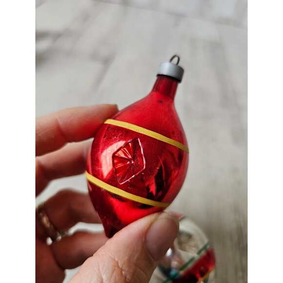 Antique diamond indent teardrop red striped green mercury glass ornament Xmas se - Picture 2 of 14